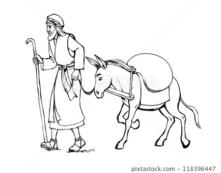 Vector drawing. Donkey loaded with cargo 118396447