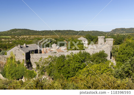 View of the medieval village of La Couvertoirade in Larzac, Aveyron, France 118396593