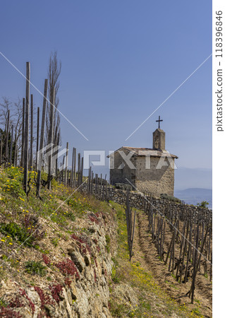 Grand cru vineyard and Chapel of Saint Christopher, Tain l'Hermitage, Rhone-Alpes, France Grand cru vineyard and Chapel of Saint Christopher, Tain l'Hermitage, Rhone-Alpes, France 118396846