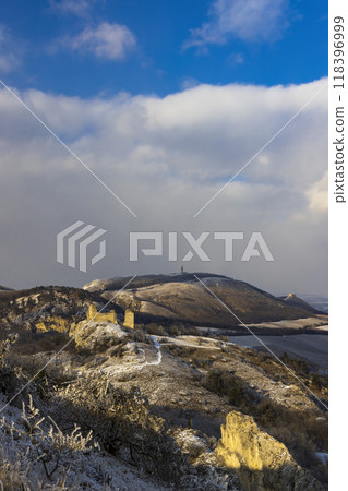Palava winter landscape with Sirotci hradek ruins, Southern Moravia, Czech Republic Palava winter landscape with Sirotci hradek ruins, Southern Moravia, Czech Republic 118396999