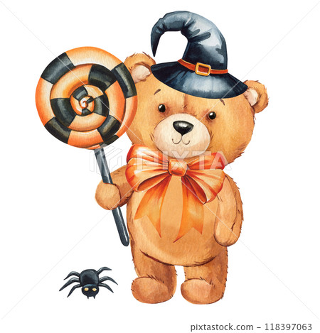 Delightful watercolor Teddy Bear in Halloween. Bear in wizard black hat with lollipop and spider holiday poster design Delightful watercolor Teddy Bear in Halloween. Bear in wizard black hat with lollipop and spider holiday poster design 118397063