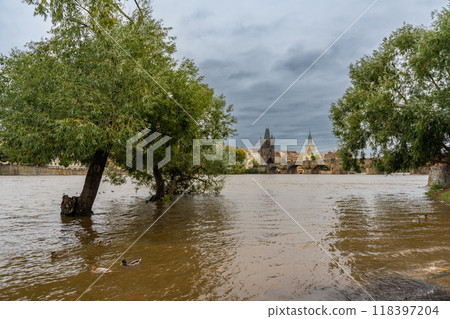 Flood in Prague. View of Charles Bridge over the flooding river Vltava, Prague 118397204