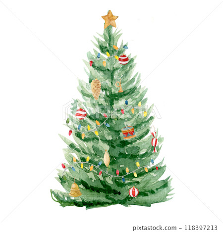 Watercolor illustration with decorative Christmas tree on white background, hand-drawn Watercolor illustration with decorative Christmas tree on white background, hand-drawn 118397213