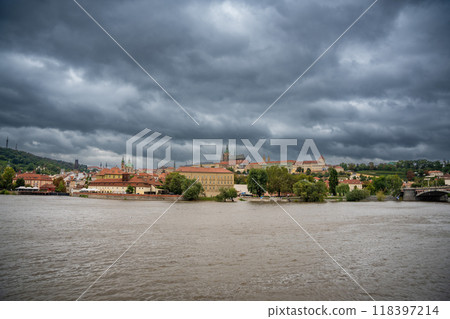 Flood in Prague. View of Prague Castle across the flooding river Vltava, Prague 118397214