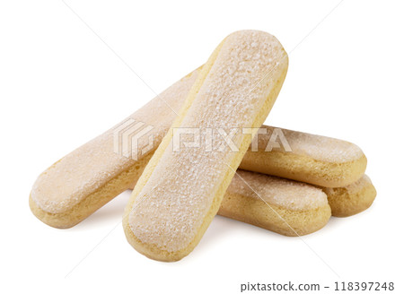 Pile of savoyardi cookies close-up on a white background. Isolated 118397248