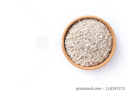 Rolled oats, healthy breakfast cereal oat flakes in bowl isolated on white background 118397272