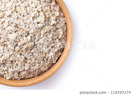 Rolled oats, healthy breakfast cereal oat flakes in bowl isolated on white background Rolled oats, healthy breakfast cereal oat flakes in bowl isolated on white background 118397274