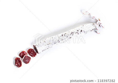 Fuet.Dry cured fuet sausage, isolated on white background. 118397282