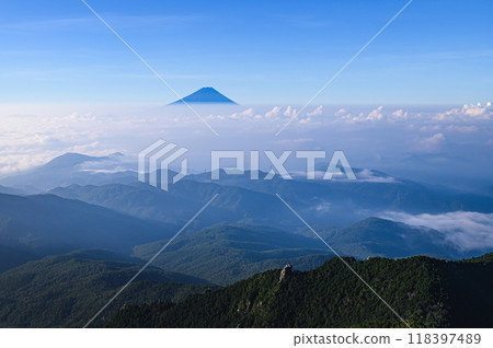 清晨從金峰山眺望富士山和雲海的壯麗景色 118397489