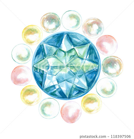 Pearl beads surrounding blue crystal four sided faceted gem hand-painted in watercolor. Brooch for necklace from precious pearls stringing in the round shape of a poyhedral octagon star. Illustration Pearl beads surrounding blue crystal four sided faceted gem hand-painted in watercolor. Brooch for necklace from precious pearls stringing in the round shape of a poyhedral octagon star. Illustration 118397506