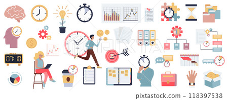Time management mega set in flat graphic design. Collection elements of office workflow signs, countdown clock, schedules, hourglass, business deadline, hurry employees, other. Illustration. 118397538