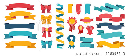 Ribbons and tags mega set in flat graphic design. Collection elements of empty flying curve flags, award bows, vintage emblems, award medals, quality signs, bookmarks and tapes. Illustration. Ribbons and tags mega set in flat graphic design. Collection elements of empty flying curve flags, award bows, vintage emblems, award medals, quality signs, bookmarks and tapes. Illustration. 118397543