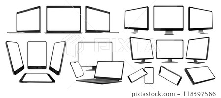 Realistic electronic devices mega set in flat graphic design. Collection elements of different mockups of laptops, widescreen tv, cellphones, computers, tablets with empty screen. Illustration. Realistic electronic devices mega set in flat graphic design. Collection elements of different mockups of laptops, widescreen tv, cellphones, computers, tablets with empty screen. Illustration. 118397566