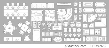 Linear interior in top view mega set in flat graphic design. Collection elements of outline apartment plan with kitchen, dining, bedroom, living room, bathroom and other objects. Illustration. 118397632