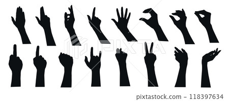Hand gestures silhouette mega set in flat graphic design. Collection elements of different expression human arm, open palm, heart shape, finger up, peace, rock, rude signs, fist. Illustration. Hand gestures silhouette mega set in flat graphic design. Collection elements of different expression human arm, open palm, heart shape, finger up, peace, rock, rude signs, fist. Illustration. 118397634