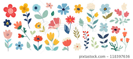 Flowers mega set in flat graphic design. Collection elements of abstract meadow wildflowers, daisy, chamomile, rose, green bushes, twigs, wild colourful plants, herbs and leaves. Illustration. 118397636
