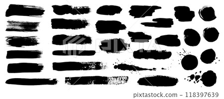 Black ink stains mega set in flat graphic design. Collection elements of abstract grunge paint shapes with torn borders, messy watercolor stroke paints, rough paintbrush texture. Illustration. 118397639