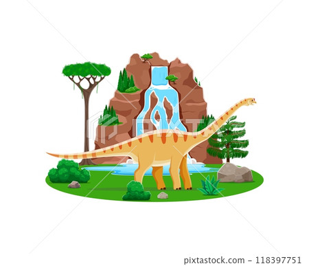 Aragosaurus prehistoric dinosaur character roaming at serene nature scene. Cartoon vector herbivore dino sauropod standing at Early Cretaceous era landscape with tall tree, green plants and waterfall Aragosaurus prehistoric dinosaur character roaming at serene nature scene. Cartoon vector herbivore dino sauropod standing at Early Cretaceous era landscape with tall tree, green plants and waterfall 118397751
