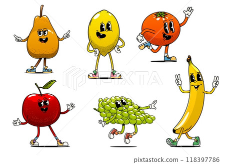 Cartoon groovy fruit characters in 70s or 80s retro funky art, vector comic personages. Cartoon groovy banana, apple and lemon with pear and grape or tangerine with happy face for positive vibe emoji Cartoon groovy fruit characters in 70s or 80s retro funky art, vector comic personages. Cartoon groovy banana, apple and lemon with pear and grape or tangerine with happy face for positive vibe emoji 118397786