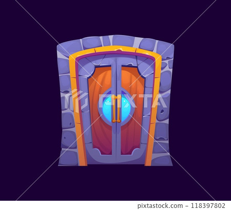 Cartoon magic portal gate door, witchcraft fantasy game asset. Vector wooden medieval castle doorway framed by stone arc with a blue, glowing gem in the center, exuding aura of mystery and secrecy 118397802