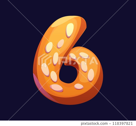 Cartoon number six candy and confectionery alphabet, sweets typeface, font, cookie type. Isolated vector 6 typography symbol as baking or pastry with seeds sprinkles. Educational numeral math sign 118397821
