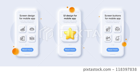 Pasta dish, Romantic dinner and Juice line icons pack. 3d phone mockups with star. Glass smartphone screen. Ice cream, Grill, Food app web icon. Coffee, Dishes pictogram. For web app, printing. Vector 118397838