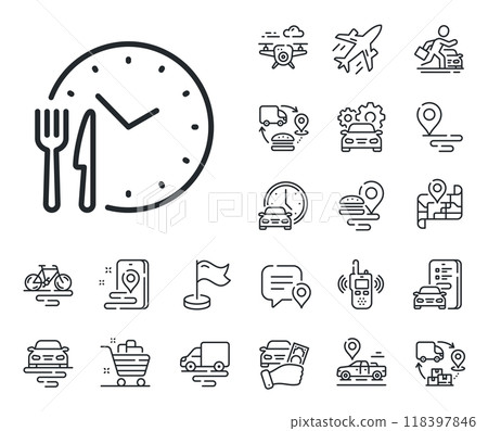 Meal order clock sign. Plane, supply chain and place location outline icons. Food time line icon. Restaurant opening hours symbol. Food time line sign. Taxi transport, rent a bike icon. Vector Meal order clock sign. Plane, supply chain and place location outline icons. Food time line icon. Restaurant opening hours symbol. Food time line sign. Taxi transport, rent a bike icon. Vector 118397846