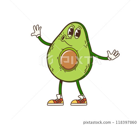 Retro cartoon groovy breakfast avocado character. Isolated vector tropical fruit half with a cheerful face, wearing sneakers, and raising its hands, representing a fun and playful breakfast theme 118397860