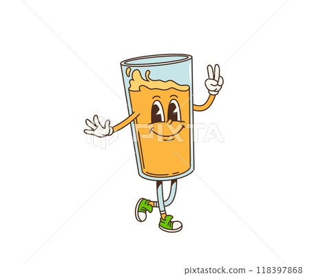 Retro cartoon groovy breakfast orange juice character, vector funny glass with face. Groovy funky orange juice drink with happy face and peace gesture for breakfast and summer holiday fun character 118397868