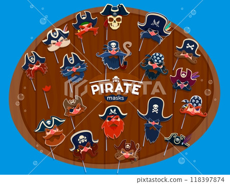 Pirate carnival and photo booth masks with vector hats, bandanas and beards. Cartoon face masks on sticks with costumes of pirate captain, sailor, corsair and skull, black eye patch and tricorn hats Pirate carnival and photo booth masks with vector hats, bandanas and beards. Cartoon face masks on sticks with costumes of pirate captain, sailor, corsair and skull, black eye patch and tricorn hats 118397874