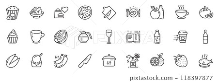Icons pack as Water bottle, Cupcake and Romantic dinner line icons for app include Coffee delivery, Coffee cup, Ice cream outline thin icon web set. Knife, Grilled sausage, Popcorn pictogram. Vector 118397877