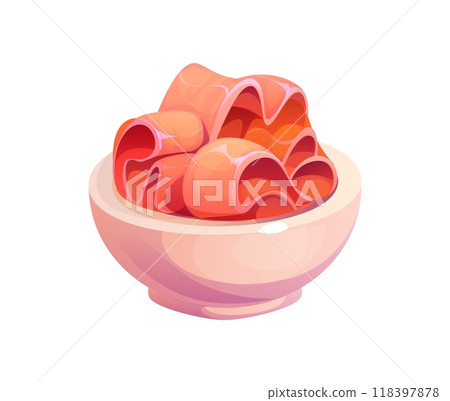 Cartoon bowl of pickled ginger, condiment for Japanese sushi and rolls. Isolated vector rolled slices resting in a ceramic bowl. Inviting addition to any sushi meal in Asian, Japan food restaurant Cartoon bowl of pickled ginger, condiment for Japanese sushi and rolls. Isolated vector rolled slices resting in a ceramic bowl. Inviting addition to any sushi meal in Asian, Japan food restaurant 118397878