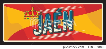 Jaen Spanish province retro travel plate. Spain region tin sign with coat or arms and flag symbol, monarch gold crown. Province of Jaen, in autonomous community of Andalusia, Spain 118397880