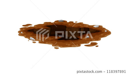 Pit in ground or burrow and dirty deep hole in soil, cartoon vector icon. Underground manhole or deep dig burrow in ground, dirty hollow or pit hole from groundhog or mole and muddy crack chasm 118397891