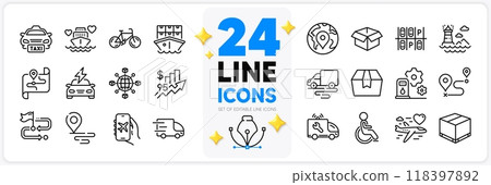 Icons set of Bicycle, Delivery route and Pin line icons pack for app with Flight mode, Travel path, Filling station thin outline icon. Opened box, Shipment, Taxi pictogram. Vector Icons set of Bicycle, Delivery route and Pin line icons pack for app with Flight mode, Travel path, Filling station thin outline icon. Opened box, Shipment, Taxi pictogram. Vector 118397892