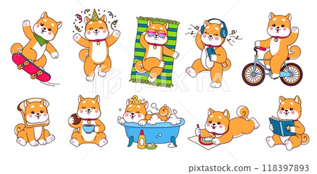 Cartoon japanese kawaii shiba inu characters, cute dog personages. Vector shiba inu pet animals, brown dogs and puppies drinking coffee, riding bike and skateboard, listening to music and dancing Cartoon japanese kawaii shiba inu characters, cute dog personages. Vector shiba inu pet animals, brown dogs and puppies drinking coffee, riding bike and skateboard, listening to music and dancing 118397893