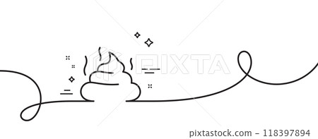 Feces line icon. Continuous one line with curl. Pets excrement sign. Poop or turd symbol. Feces single outline ribbon. Loop curve pattern. Vector Feces line icon. Continuous one line with curl. Pets excrement sign. Poop or turd symbol. Feces single outline ribbon. Loop curve pattern. Vector 118397894