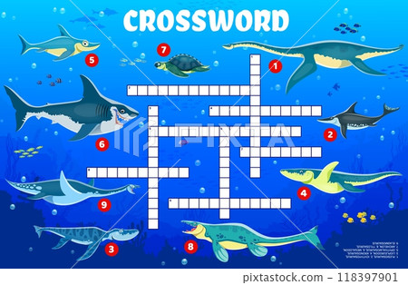 Crossword quiz game grid with underwater prehistoric dinosaurs, cartoon vector worksheet. Kids crossword game to guess words of dinosaur reptiles of sea and ocean or Jurassic era underwater animals 118397901