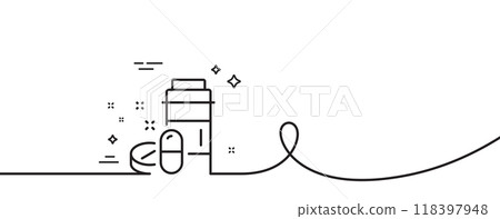 Medical drugs bottle line icon. Continuous one line with curl. Medicine pills sign. Pharmacy medication symbol. Medical drugs single outline ribbon. Loop curve pattern. Vector 118397948