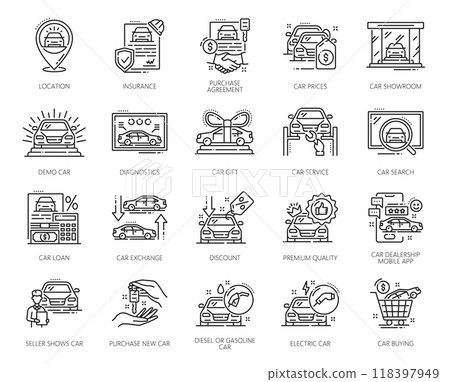 Dealership line icons of car auto dealer, automotive vehicle sale and rental service, outline vector. Automobile dealership pictograms of car showroom, auto diagnostics and vehicle purchase or rent Dealership line icons of car auto dealer, automotive vehicle sale and rental service, outline vector. Automobile dealership pictograms of car showroom, auto diagnostics and vehicle purchase or rent 118397949