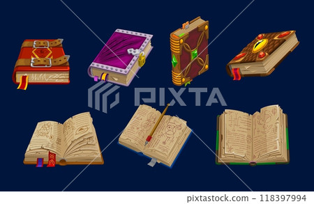 Ancient magic spell book, medieval game book icons, fantasy manuscript and old parchment with vintage ink pen, vector UI or GUI assets. Cartoon open and closed spellbooks with ribbons, gems and locks 118397994