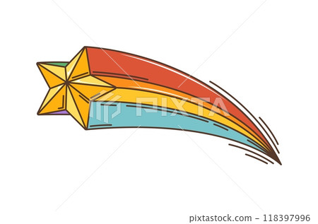 Cartoon retro groovy hippie star symbol. Isolated vector falling comet with rainbow trail at night sky. Vibrant, funky, shooting twinkle, or golden star and colorful red, orange, and blue streaks Cartoon retro groovy hippie star symbol. Isolated vector falling comet with rainbow trail at night sky. Vibrant, funky, shooting twinkle, or golden star and colorful red, orange, and blue streaks 118397996
