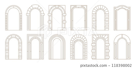 Boho arch door frames with vector line casing borders of minimal art ornaments. Retro archways with art deco columns and brickwork pattern. Aesthetic bohemian arch door frames, boho interior element 118398002