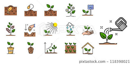 Plant sprout line icons, soil with seed, sprig and green leaves, agriculture, horticulture and agronomy. Plant and tree growing vector outline signs of garden soil, sprouts, seedlings and saplings Plant sprout line icons, soil with seed, sprig and green leaves, agriculture, horticulture and agronomy. Plant and tree growing vector outline signs of garden soil, sprouts, seedlings and saplings 118398021