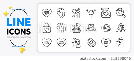 Love document, True love and Wedding locker line icons set for app include Heart, Heart beat, Lgbt outline thin icon. Inclusion, Be true, Genders pictogram icon. Only you, Friends couple. Vector 118398046