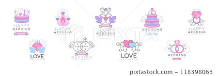 Happy Wedding Logo Design with Marriage Ceremony Element Vector Set 118398063