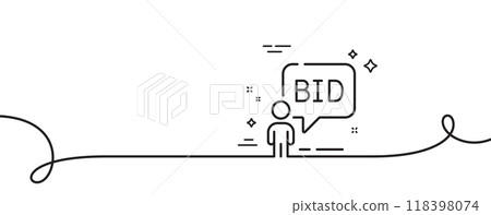 Auction line icon. Continuous one line with curl. Bid offer sign. Raise the price up symbol. Auction single outline ribbon. Loop curve pattern. Vector Auction line icon. Continuous one line with curl. Bid offer sign. Raise the price up symbol. Auction single outline ribbon. Loop curve pattern. Vector 118398074