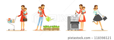 Woman Housewife Engaging in Different Domestic Works Vector Illustrations Set 118398121