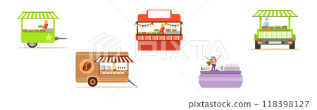 Street Stall Seller with Retail Shopping Mobile Kiosk Vector Set Street Stall Seller with Retail Shopping Mobile Kiosk Vector Set 118398127