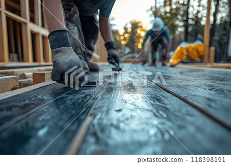 Construction worker laying laminate flooring on a new house construction site, closeup Construction worker laying laminate flooring on a new house construction site, closeup 118398191